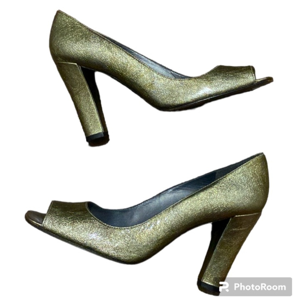 Stuart Weizmann Italian Made Metallic Gold Silver Open Toe Pump Hell3.5’ Size 8M